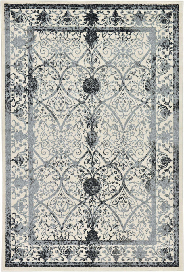 Ivory and Gray 6' 1 x 9' La Jolla Rectangle Area Rug 100% Polypropylene Traditional Pattern Easy Clean Carpet for Living, Dining, Bedroom, Office for Sale at Rug Engine
