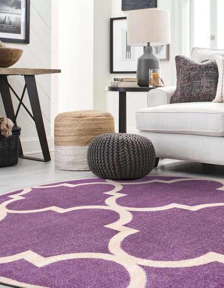 Purple 6' 1 x 6' 1 Trellis Round Area Rug Geometric Modern Unique Durable Easy Clean Carpet for Contemporary Interior Design for Sale at Rug Engine