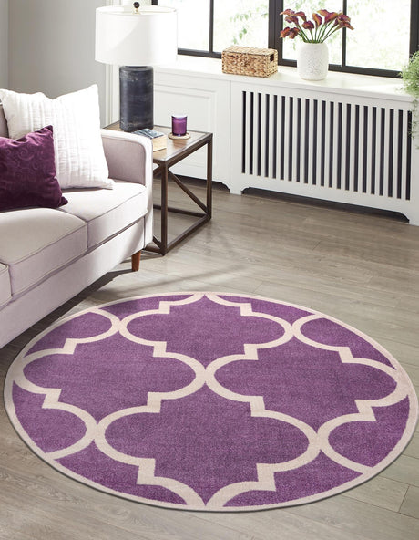 Purple 6' 1 x 6' 1 Trellis Round Area Rug Geometric Modern Unique Durable Easy Clean Carpet for Contemporary Interior Design for Sale at Rug Engine