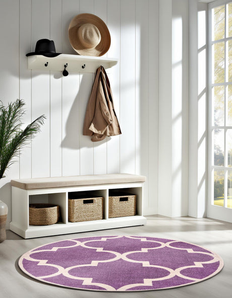 Purple 6' 1 x 6' 1 Trellis Round Area Rug Geometric Modern Unique Durable Easy Clean Carpet for Contemporary Interior Design for Sale at Rug Engine
