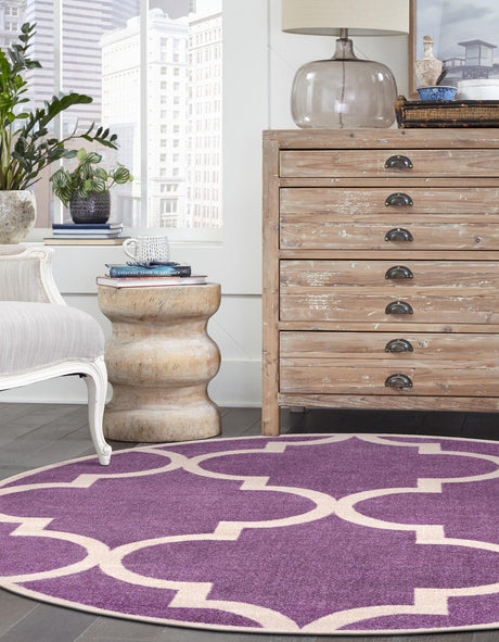 Purple 6' 1 x 6' 1 Trellis Round Area Rug Geometric Modern Unique Durable Easy Clean Carpet for Contemporary Interior Design for Sale at Rug Engine