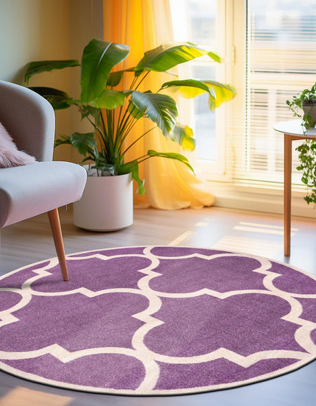 Purple 6' 1 x 6' 1 Trellis Round Area Rug Geometric Modern Unique Durable Easy Clean Carpet for Contemporary Interior Design for Sale at Rug Engine
