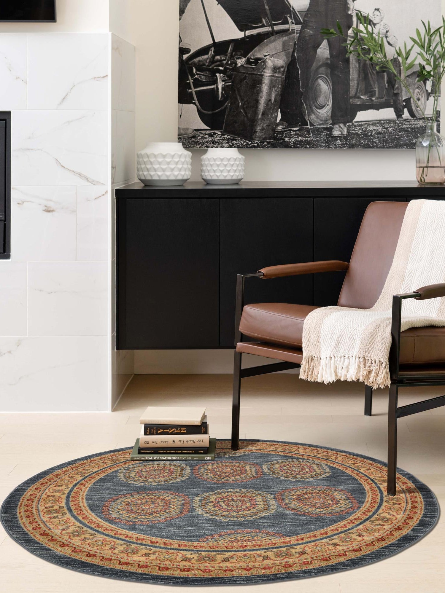 Blue 6' 1 x 6' 1 Fars Round Area Rug 100% Polypropylene Unique Traditional Carpet for Classical Living, Dining Room & Office Spaces for Sale at Rug Engine