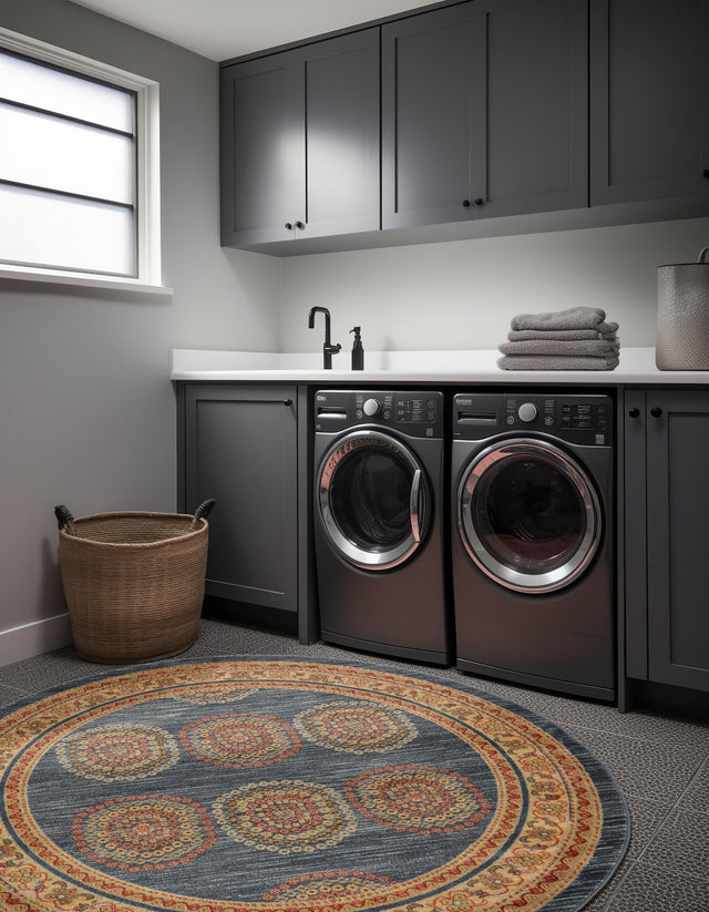 Blue 6' 1 x 6' 1 Fars Round Area Rug 100% Polypropylene Unique Traditional Carpet for Classical Living, Dining Room & Office Spaces for Sale at Rug Engine