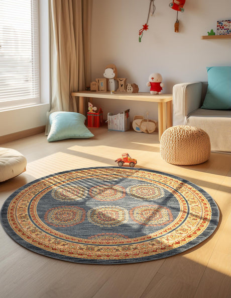 Blue 6' 1 x 6' 1 Fars Round Area Rug 100% Polypropylene Unique Traditional Carpet for Classical Living, Dining Room & Office Spaces for Sale at Rug Engine