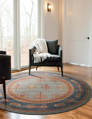 Light Blue 8' x 8' Fars Round Area Rug 100% Polypropylene Unique Traditional Carpet for Classical Living, Dining Room & Office Spaces for Sale at Rug Engine