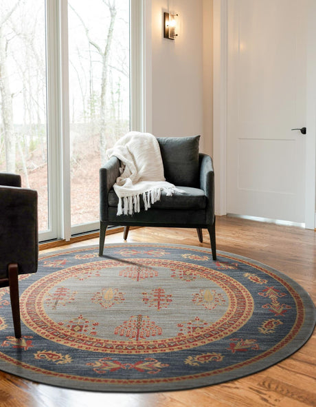 Light Blue 6' 1 x 6' 1 Fars Round Area Rug 100% Polypropylene Unique Traditional Carpet for Classical Living, Dining Room & Office Spaces for Sale at Rug Engine