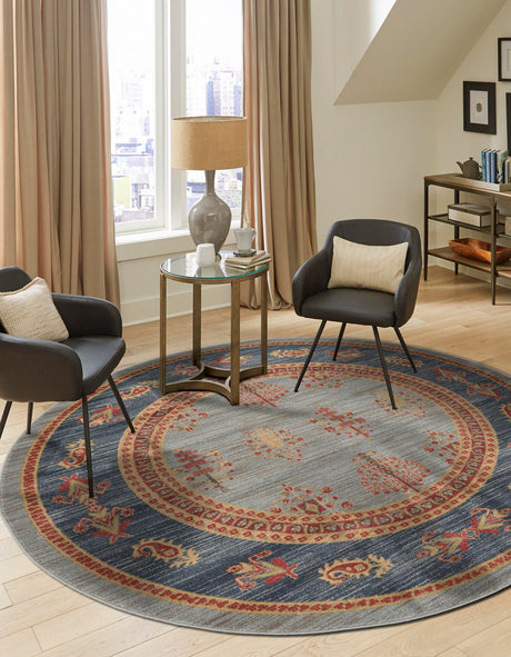 Light Blue 8' x 8' Fars Round Area Rug 100% Polypropylene Unique Traditional Carpet for Classical Living, Dining Room & Office Spaces for Sale at Rug Engine