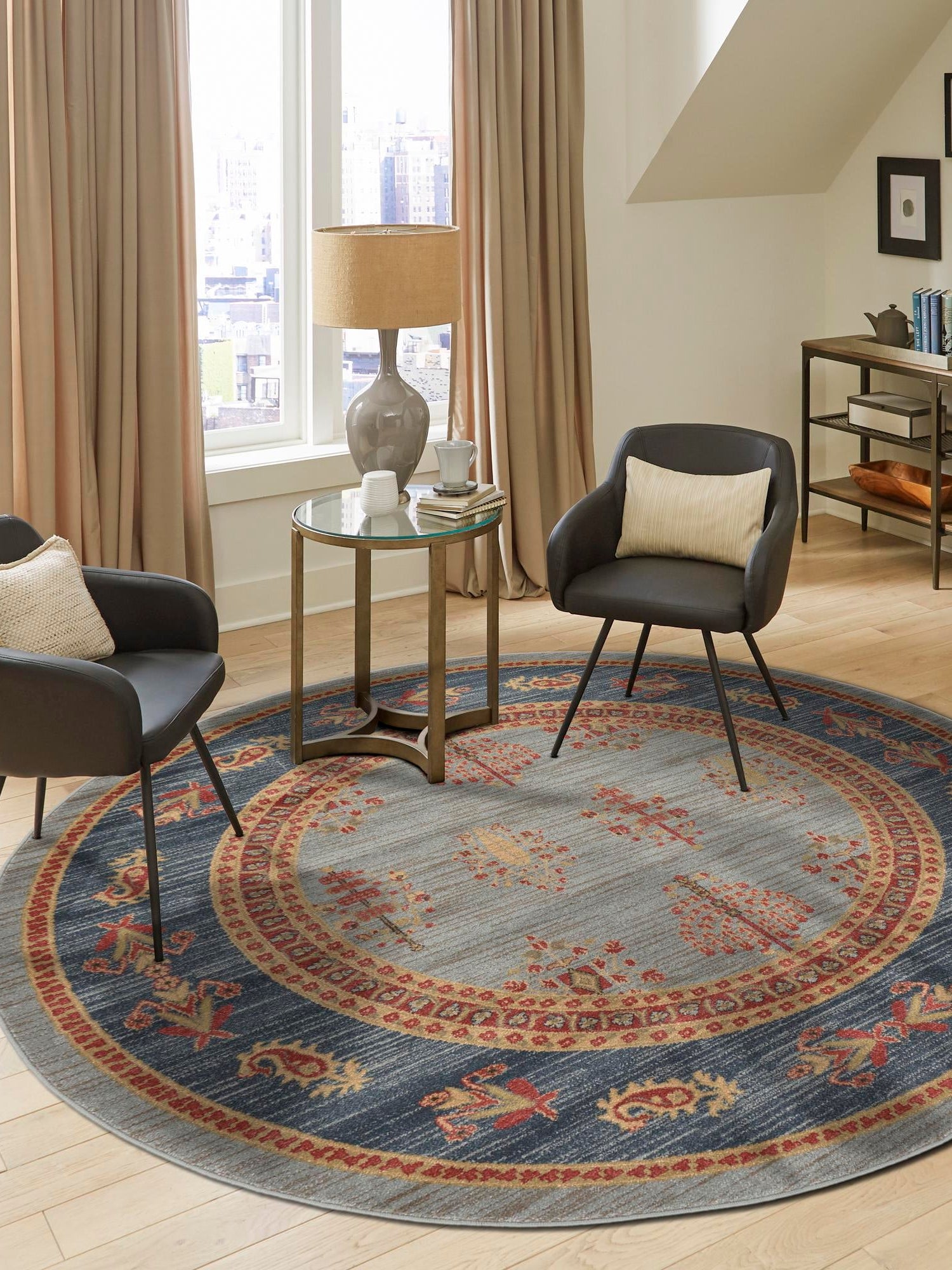 Light Blue 6' 1 x 6' 1 Fars Round Area Rug 100% Polypropylene Unique Traditional Carpet for Classical Living, Dining Room & Office Spaces for Sale at Rug Engine