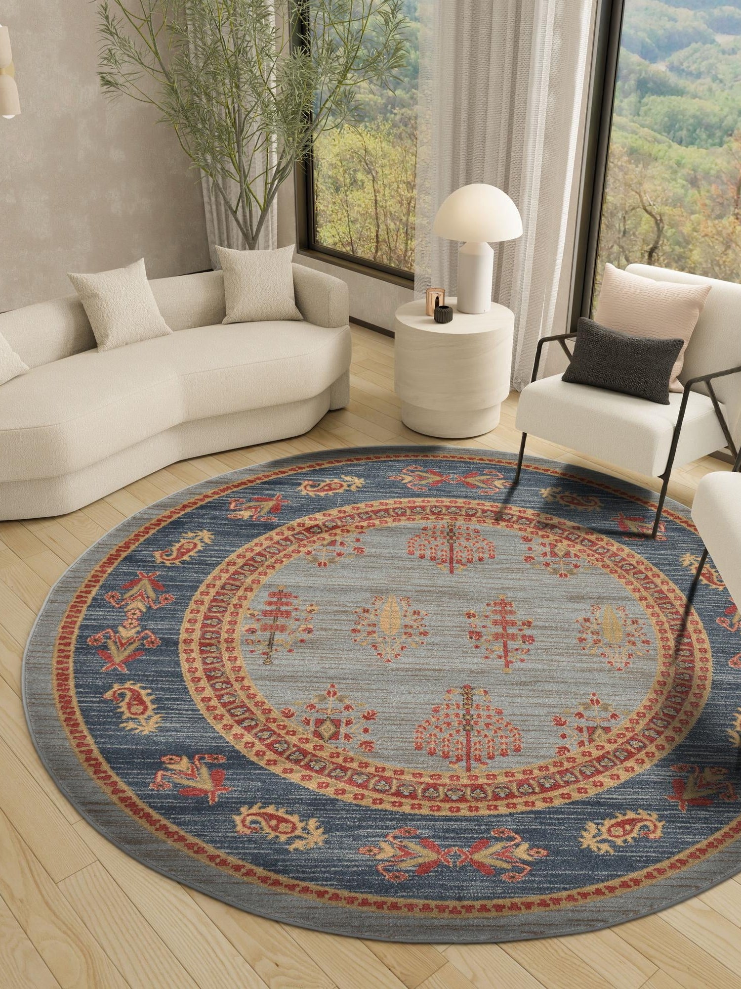 Light Blue 6' 1 x 6' 1 Fars Round Area Rug 100% Polypropylene Unique Traditional Carpet for Classical Living, Dining Room & Office Spaces for Sale at Rug Engine