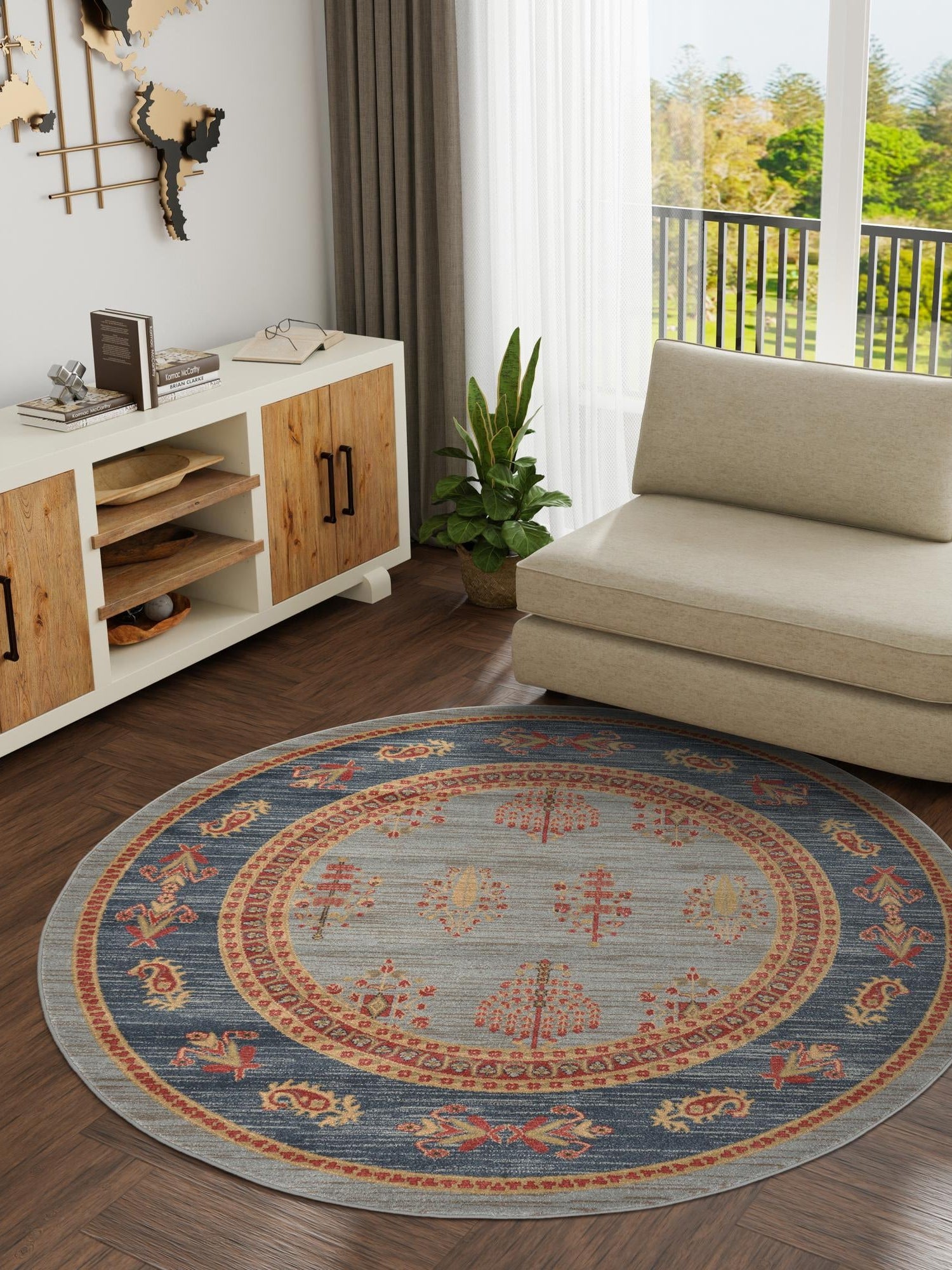 Light Blue 6' 1 x 6' 1 Fars Round Area Rug 100% Polypropylene Unique Traditional Carpet for Classical Living, Dining Room & Office Spaces for Sale at Rug Engine