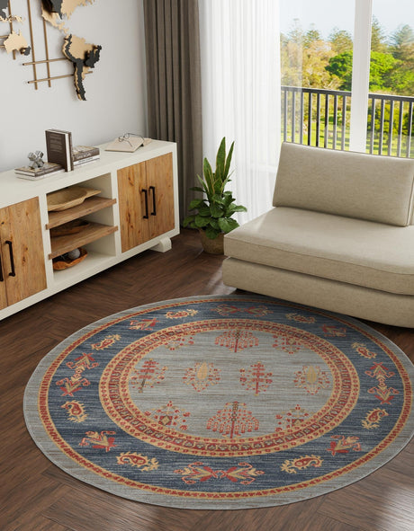 Light Blue 8' x 8' Fars Round Area Rug 100% Polypropylene Unique Traditional Carpet for Classical Living, Dining Room & Office Spaces for Sale at Rug Engine