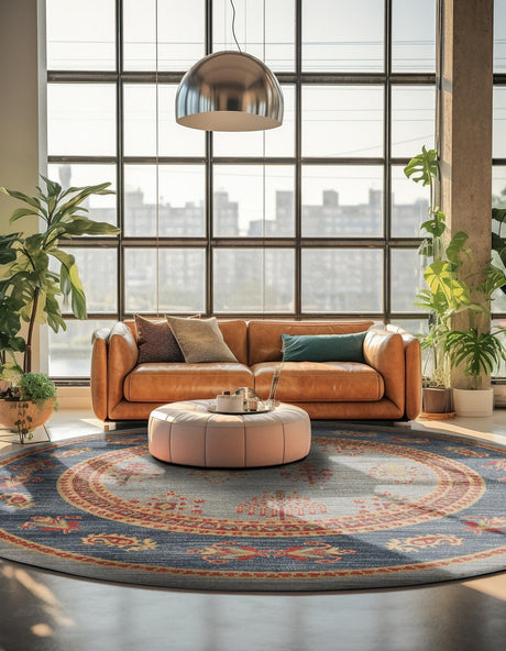 Light Blue 8' x 8' Fars Round Area Rug 100% Polypropylene Unique Traditional Carpet for Classical Living, Dining Room & Office Spaces for Sale at Rug Engine