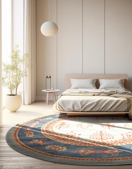 Light Blue 6' 1 x 6' 1 Fars Round Area Rug 100% Polypropylene Unique Traditional Carpet for Classical Living, Dining Room & Office Spaces for Sale at Rug Engine