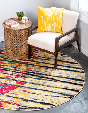 Yellow 8' x 8' Estrella Round Area Rug 100% Polypropylene Non-Shedding Stain Resistant Carpet Colorful Modern Abstract Design Easy Clean for Home Decor for Sale at Rug Engine