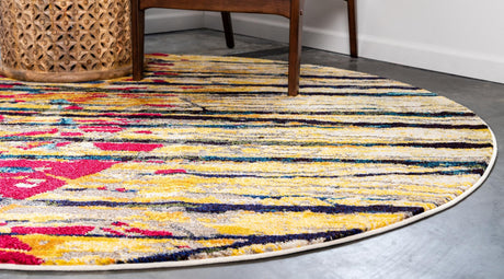 Yellow 8' x 8' Estrella Round Area Rug 100% Polypropylene Non-Shedding Stain Resistant Carpet Colorful Modern Abstract Design Easy Clean for Home Decor for Sale at Rug Engine