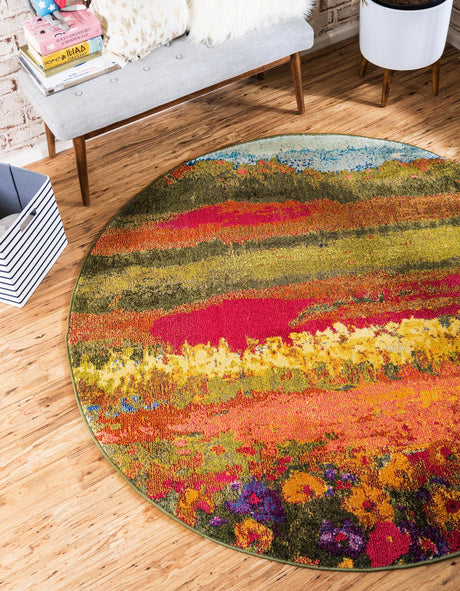 Multicolor 6' 1 x 6' 1 Estrella Round Area Rug 100% Polypropylene Non-Shedding Stain Resistant Carpet Colorful Modern Abstract Design Easy Clean for Home Decor for Sale at Rug Engine