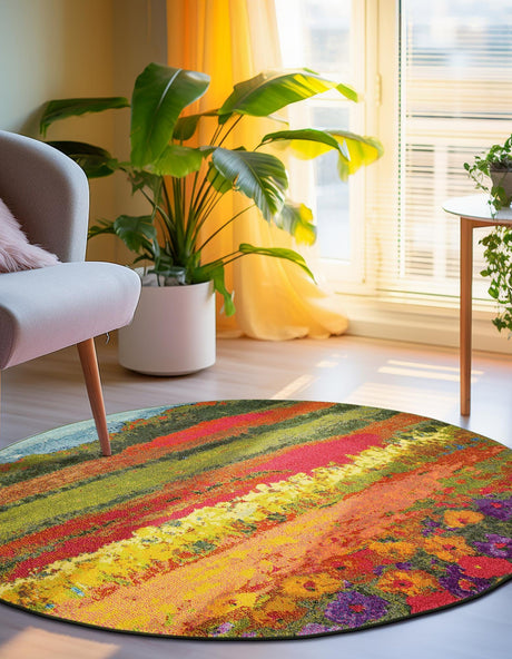 Multicolor 8' x 8' Estrella Round Area Rug 100% Polypropylene Non-Shedding Stain Resistant Carpet Colorful Modern Abstract Design Easy Clean for Home Decor for Sale at Rug Engine