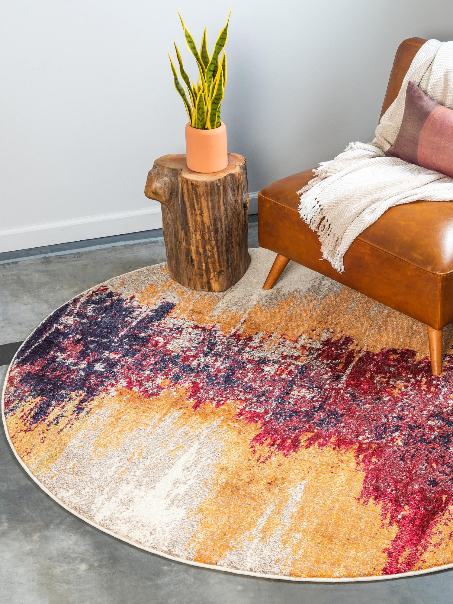 Orange 8' x 8' Estrella Round Area Rug 100% Polypropylene Non-Shedding Stain Resistant Carpet Colorful Modern Abstract Design Easy Clean for Home Decor for Sale at Rug Engine