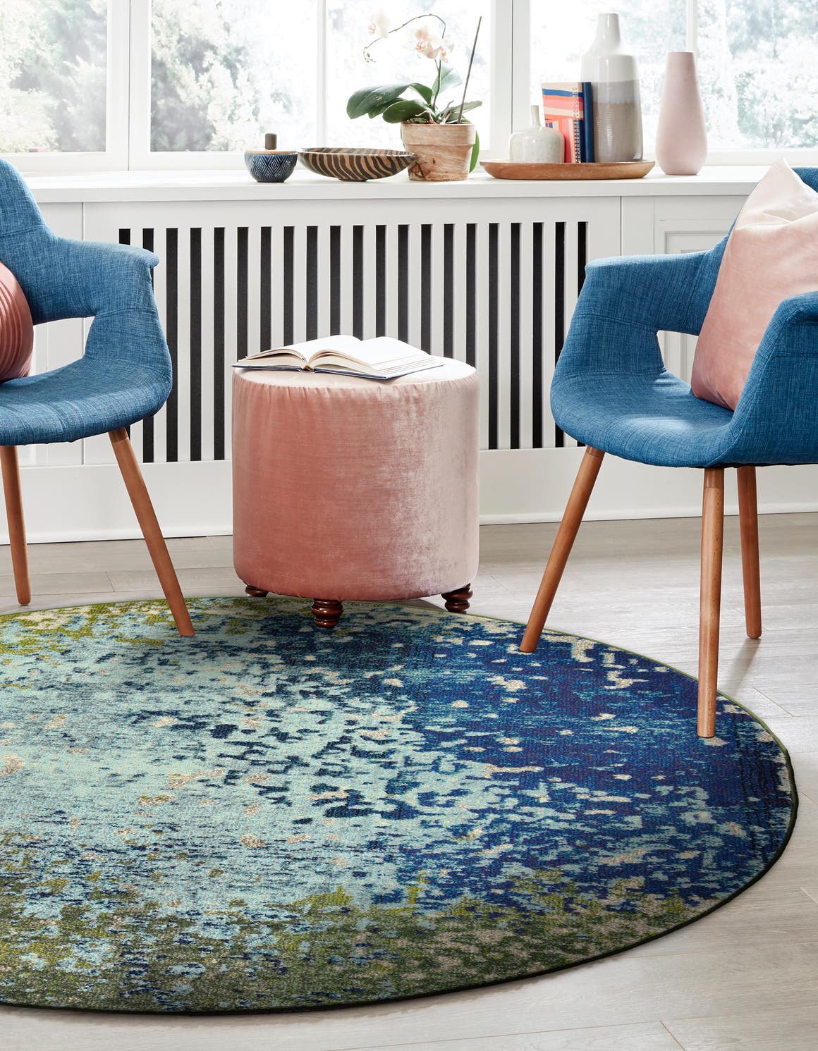 Blue 4' 1 x 4' 1 Estrella Round Area Rug 100% Polypropylene Non-Shedding Stain Resistant Carpet Colorful Modern Abstract Design Easy Clean for Home Decor for Sale at Rug Engine