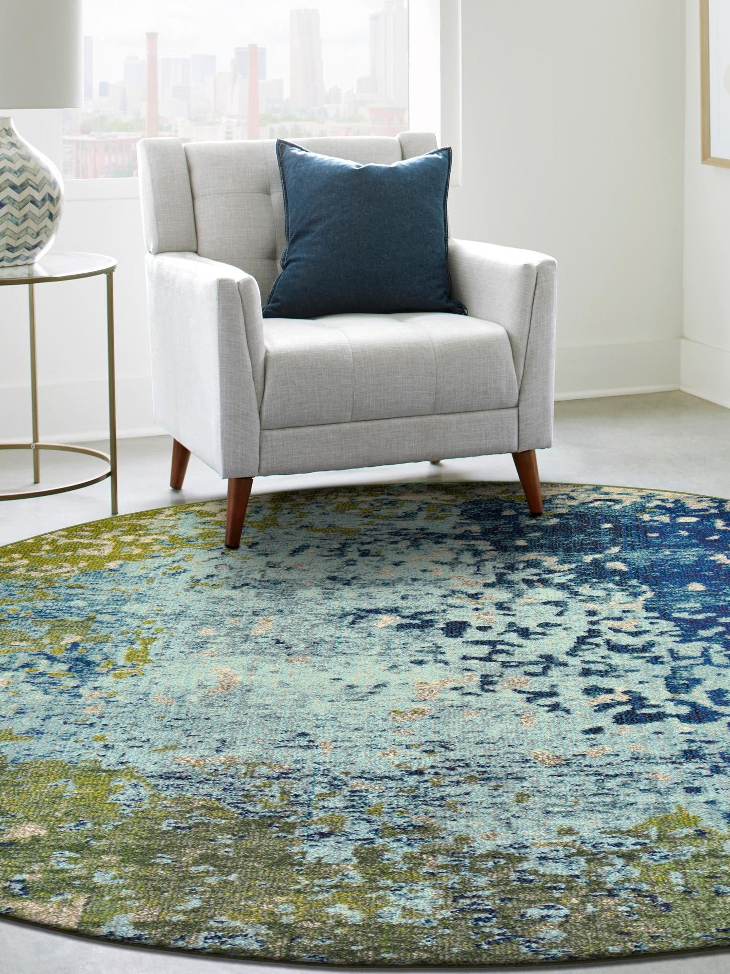 Blue 6' 1 x 6' 1 Estrella Round Area Rug 100% Polypropylene Non-Shedding Stain Resistant Carpet Colorful Modern Abstract Design Easy Clean for Home Decor for Sale at Rug Engine