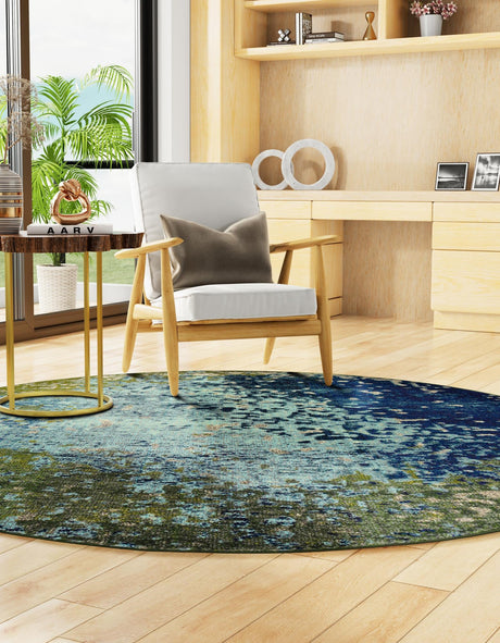 Blue 8' x 8' Estrella Round Area Rug 100% Polypropylene Non-Shedding Stain Resistant Carpet Colorful Modern Abstract Design Easy Clean for Home Decor for Sale at Rug Engine