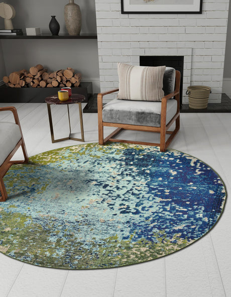 Blue 8' x 8' Estrella Round Area Rug 100% Polypropylene Non-Shedding Stain Resistant Carpet Colorful Modern Abstract Design Easy Clean for Home Decor for Sale at Rug Engine