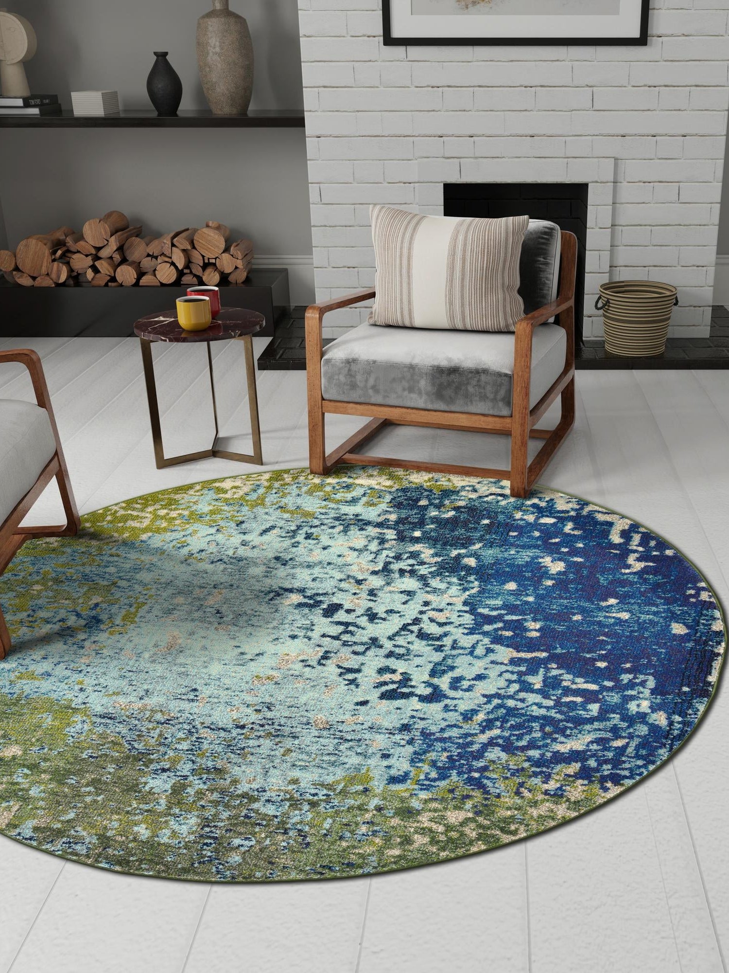 Blue 5' x 5' Estrella Round Area Rug 100% Polypropylene Non-Shedding Stain Resistant Carpet Colorful Modern Abstract Design Easy Clean for Home Decor for Sale at Rug Engine