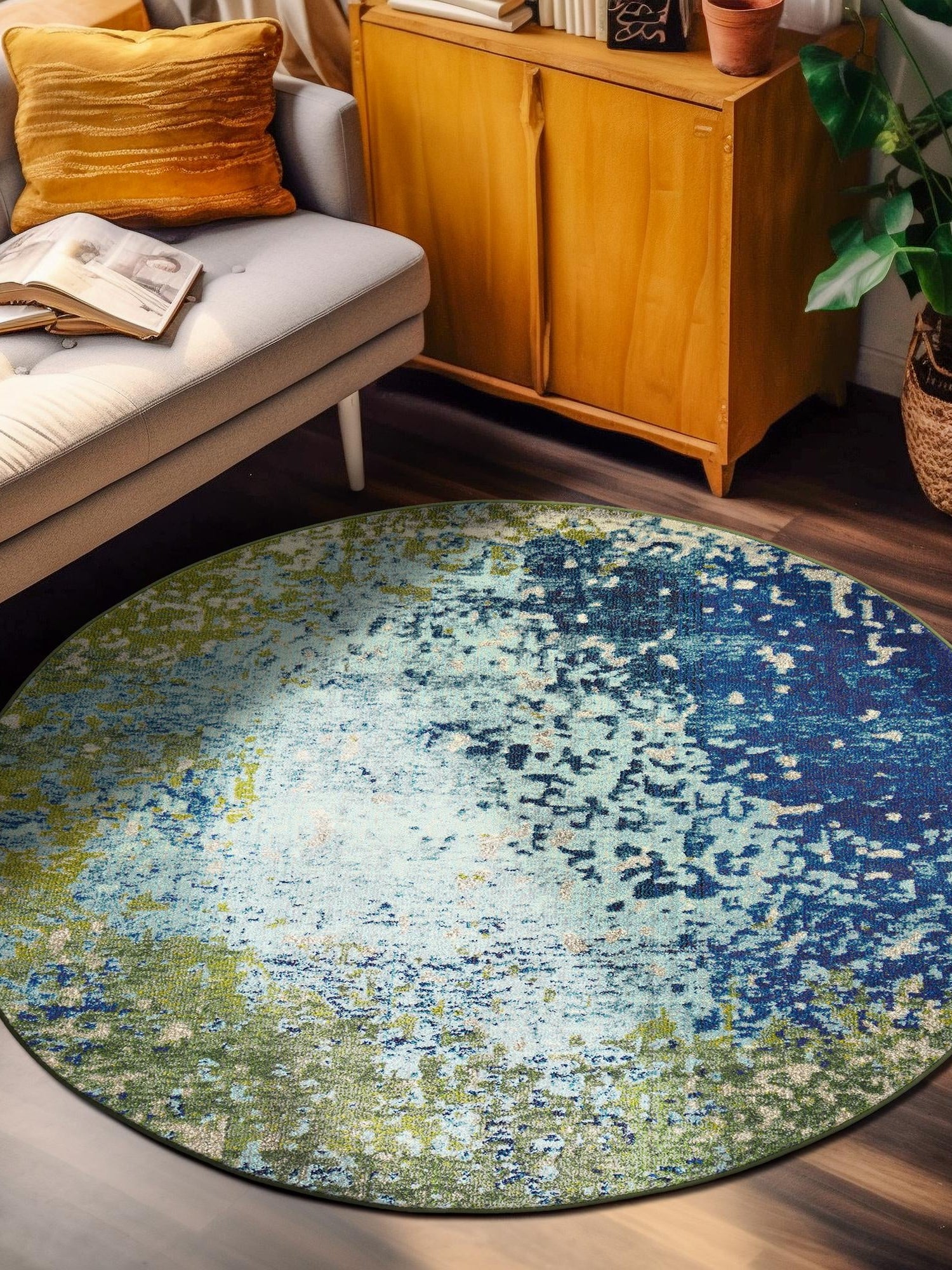 Blue 6' 1 x 6' 1 Estrella Round Area Rug 100% Polypropylene Non-Shedding Stain Resistant Carpet Colorful Modern Abstract Design Easy Clean for Home Decor for Sale at Rug Engine