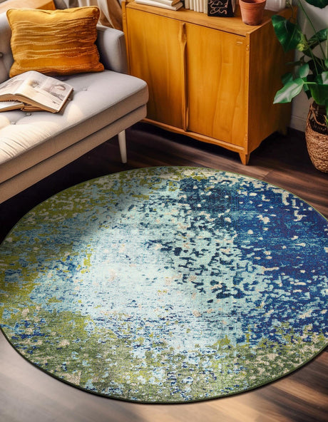 Blue 8' x 8' Estrella Round Area Rug 100% Polypropylene Non-Shedding Stain Resistant Carpet Colorful Modern Abstract Design Easy Clean for Home Decor for Sale at Rug Engine