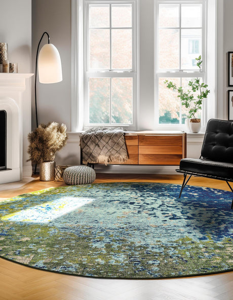 Blue 4' 1 x 4' 1 Estrella Round Area Rug 100% Polypropylene Non-Shedding Stain Resistant Carpet Colorful Modern Abstract Design Easy Clean for Home Decor for Sale at Rug Engine