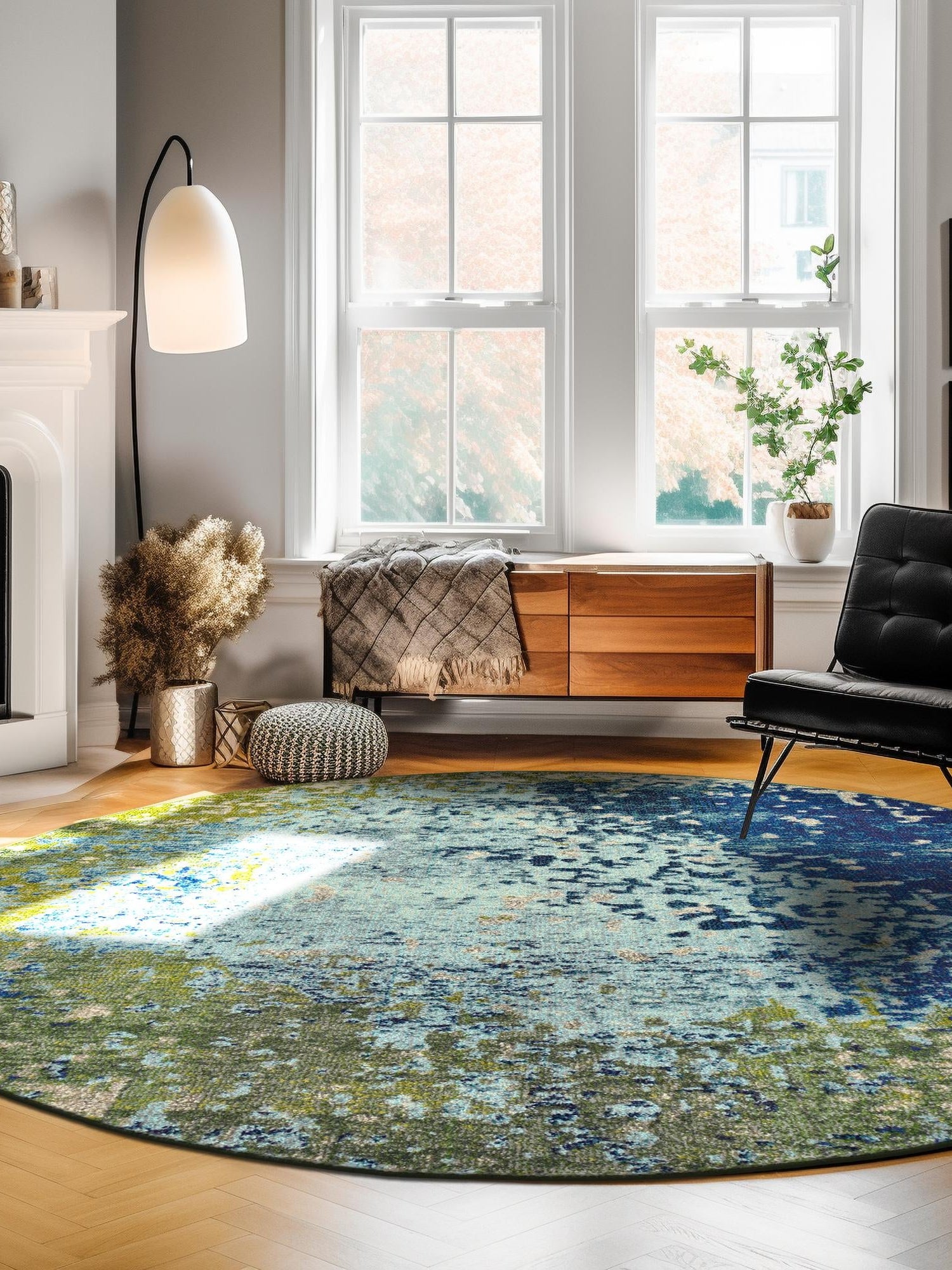 Blue 6' 1 x 6' 1 Estrella Round Area Rug 100% Polypropylene Non-Shedding Stain Resistant Carpet Colorful Modern Abstract Design Easy Clean for Home Decor for Sale at Rug Engine