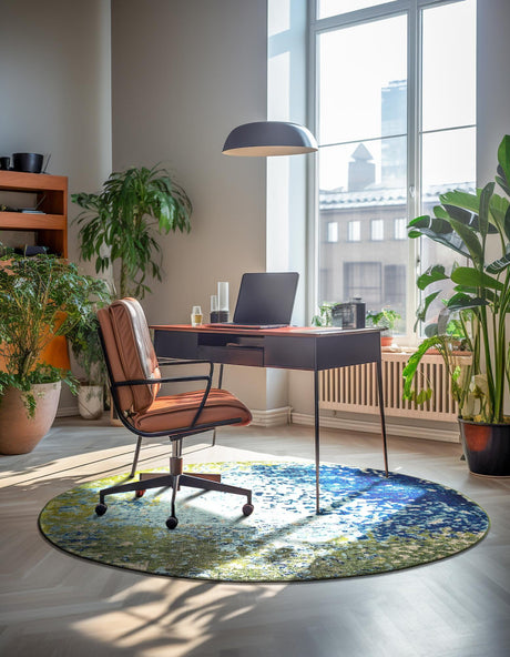 Blue 5' x 5' Estrella Round Area Rug 100% Polypropylene Non-Shedding Stain Resistant Carpet Colorful Modern Abstract Design Easy Clean for Home Decor for Sale at Rug Engine