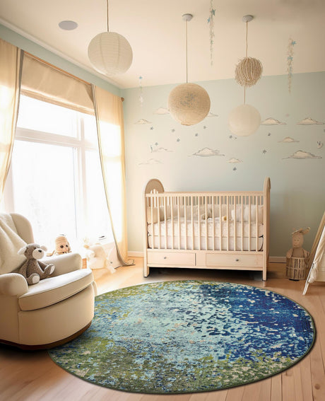 Blue 5' x 5' Estrella Round Area Rug 100% Polypropylene Non-Shedding Stain Resistant Carpet Colorful Modern Abstract Design Easy Clean for Home Decor for Sale at Rug Engine