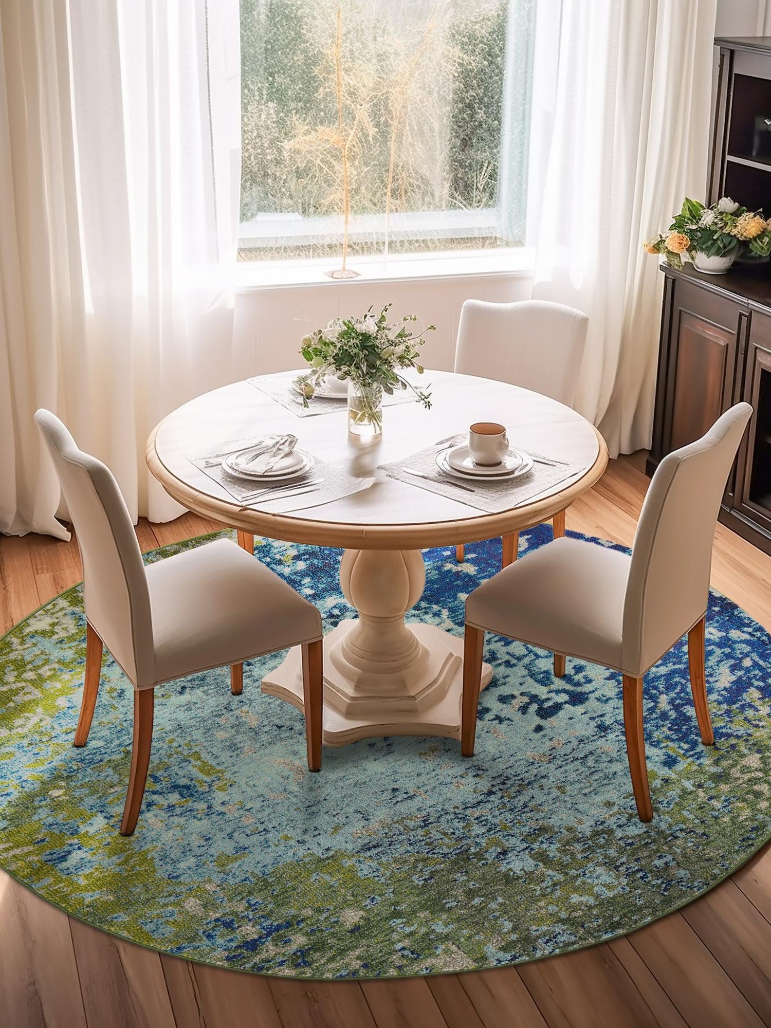 Blue 5' x 5' Estrella Round Area Rug 100% Polypropylene Non-Shedding Stain Resistant Carpet Colorful Modern Abstract Design Easy Clean for Home Decor for Sale at Rug Engine