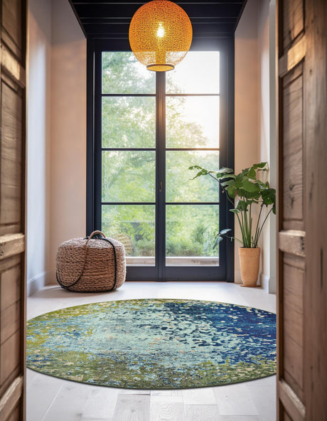 Blue 4' 1 x 4' 1 Estrella Round Area Rug 100% Polypropylene Non-Shedding Stain Resistant Carpet Colorful Modern Abstract Design Easy Clean for Home Decor for Sale at Rug Engine