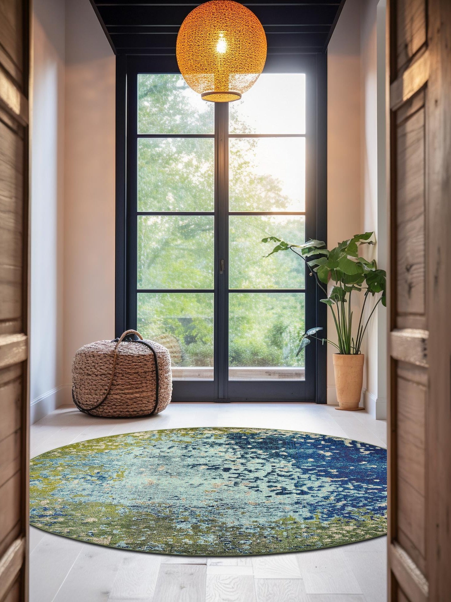 Blue 5' x 5' Estrella Round Area Rug 100% Polypropylene Non-Shedding Stain Resistant Carpet Colorful Modern Abstract Design Easy Clean for Home Decor for Sale at Rug Engine