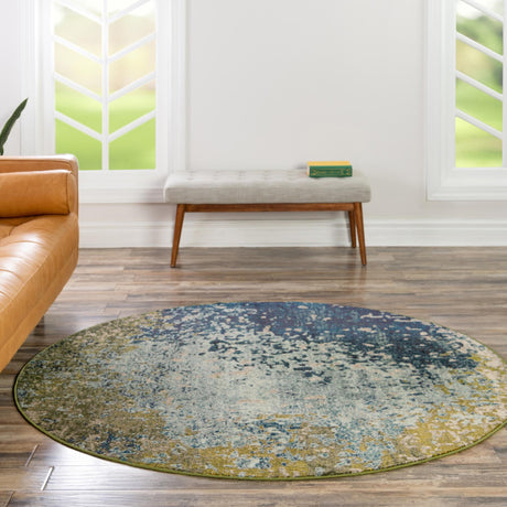 Blue 4' 1 x 4' 1 Estrella Round Area Rug 100% Polypropylene Non-Shedding Stain Resistant Carpet Colorful Modern Abstract Design Easy Clean for Home Decor for Sale at Rug Engine