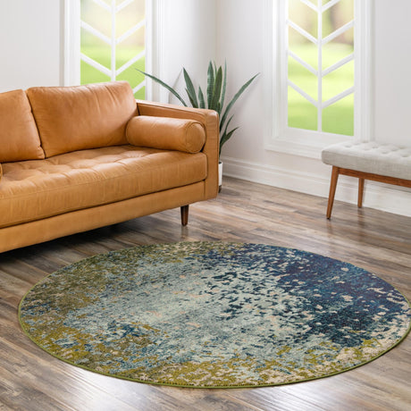 Blue 4' 1 x 4' 1 Estrella Round Area Rug 100% Polypropylene Non-Shedding Stain Resistant Carpet Colorful Modern Abstract Design Easy Clean for Home Decor for Sale at Rug Engine