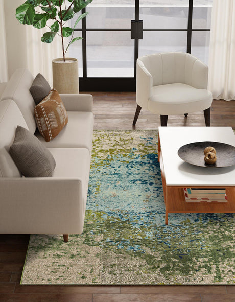 Blue 4' 1 x 6' 1 Estrella Rectangle Area Rug 100% Polypropylene Non-Shedding Stain Resistant Carpet Colorful Modern Abstract Design Easy Clean for Home Decor for Sale at Rug Engine