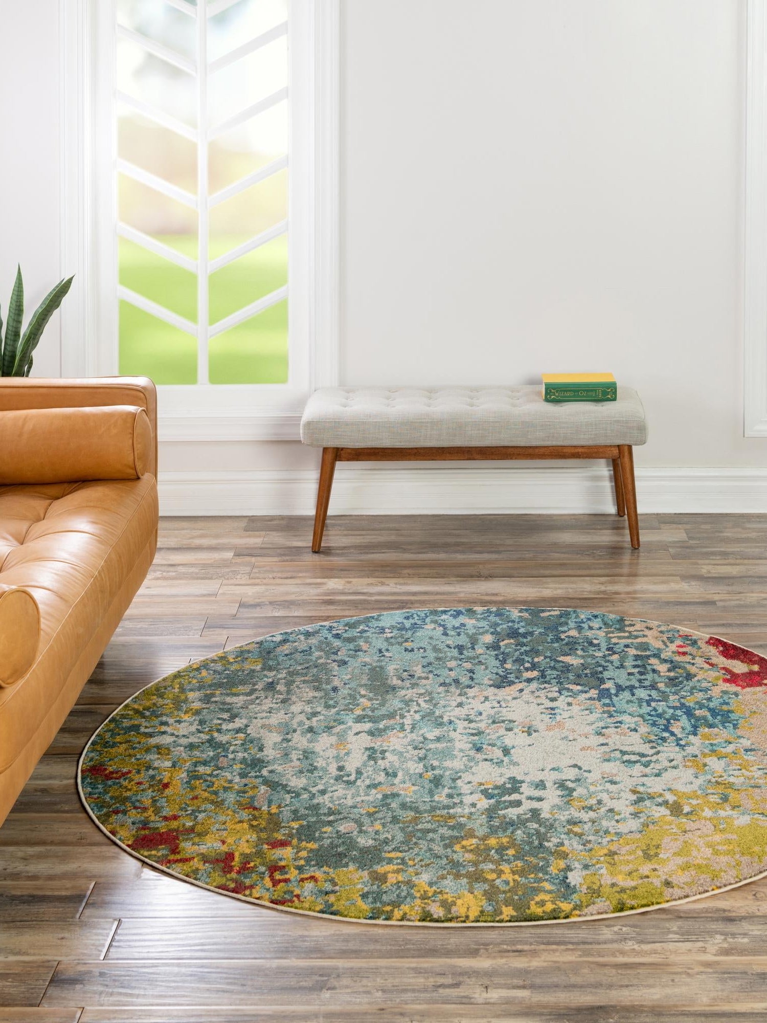 Blue 6' 1 x 6' 1 Estrella Round Area Rug 100% Polypropylene Non-Shedding Stain Resistant Carpet Colorful Modern Abstract Design Easy Clean for Home Decor for Sale at Rug Engine