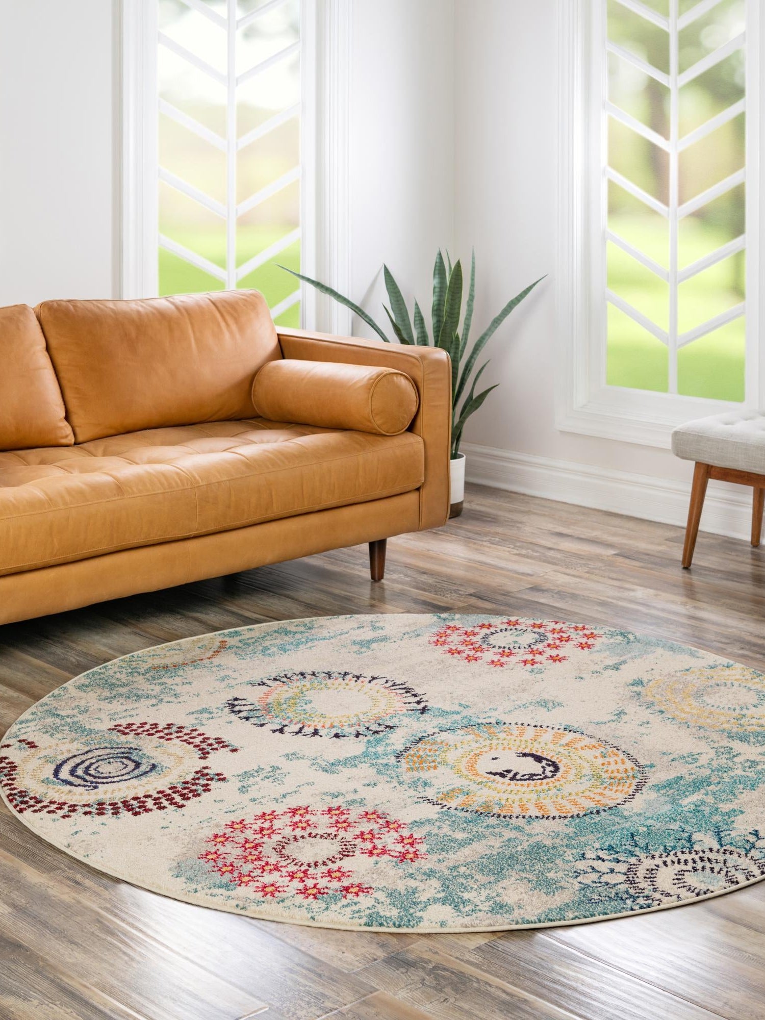 Beige 8' x 8' Estrella Round Area Rug 100% Polypropylene Non-Shedding Stain Resistant Carpet Colorful Modern Abstract Design Easy Clean for Home Decor for Sale at Rug Engine