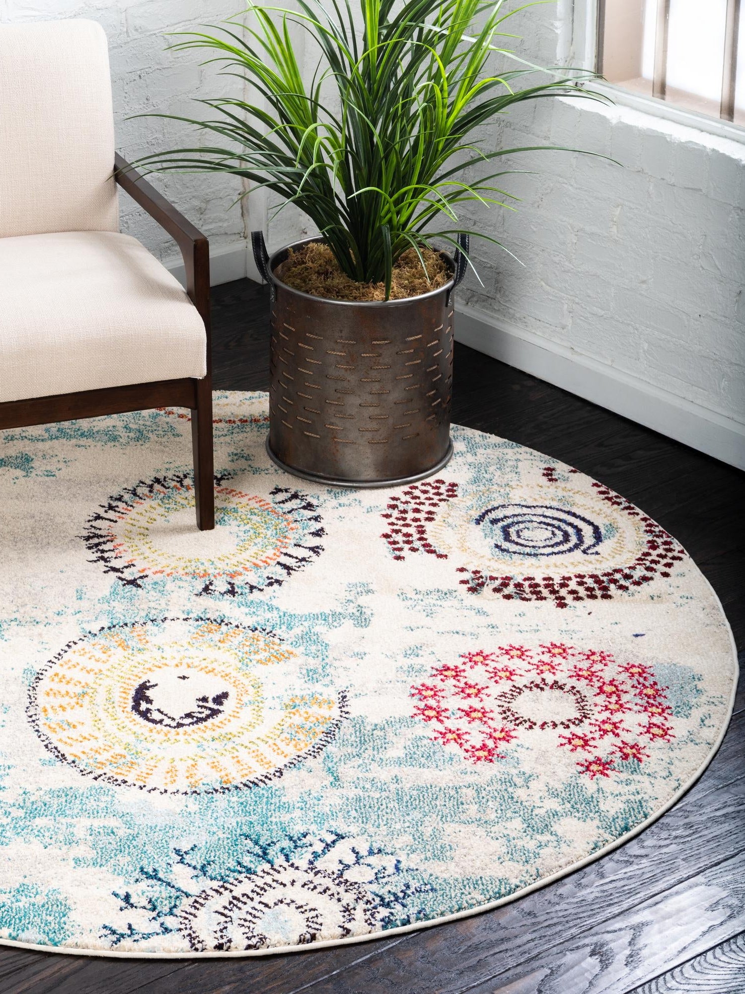 Beige 8' x 8' Estrella Round Area Rug 100% Polypropylene Non-Shedding Stain Resistant Carpet Colorful Modern Abstract Design Easy Clean for Home Decor for Sale at Rug Engine