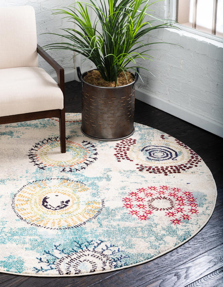 Beige 8' x 8' Estrella Round Area Rug 100% Polypropylene Non-Shedding Stain Resistant Carpet Colorful Modern Abstract Design Easy Clean for Home Decor for Sale at Rug Engine