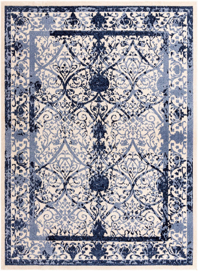 Ivory and Blue 7' 10 x 11' La Jolla Rectangle Area Rug 100% Polypropylene Traditional Pattern Easy Clean Carpet for Living, Dining, Bedroom, Office for Sale at Rug Engine