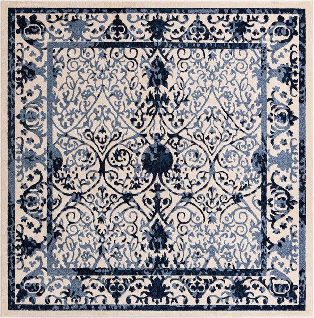 Ivory and Blue 10' x 10' La Jolla Square Area Rug 100% Polypropylene Traditional Pattern Easy Clean Carpet for Living, Dining, Bedroom, Office for Sale at Rug Engine