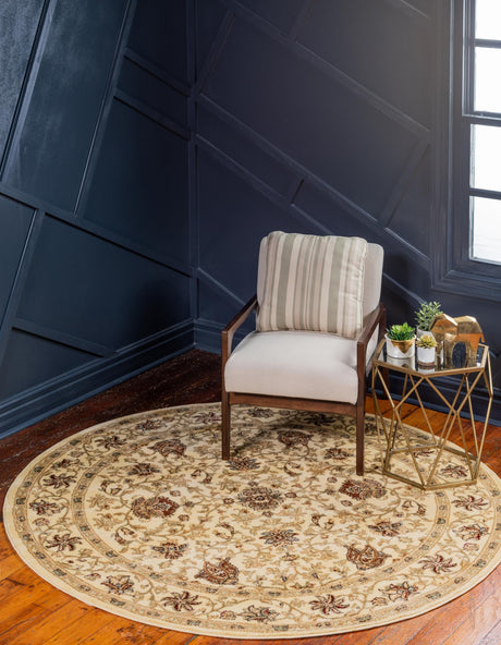 Cream 7' 10 x 7' 10 Voyage Round Area Rug Persian Inspired Classic Traditional Design Durable Carpet Mat for Home Interior Design for Sale at Rug Engine