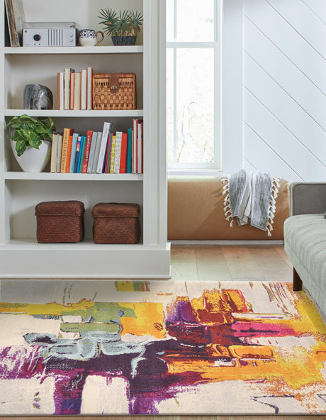 Beige 7' 1 x 10' Estrella Rectangle Area Rug 100% Polypropylene Non-Shedding Stain Resistant Carpet Colorful Modern Abstract Design Easy Clean for Home Decor for Sale at Rug Engine