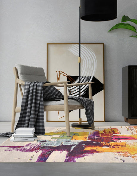 Beige 6' 1 x 9' Estrella Rectangle Area Rug 100% Polypropylene Non-Shedding Stain Resistant Carpet Colorful Modern Abstract Design Easy Clean for Home Decor for Sale at Rug Engine