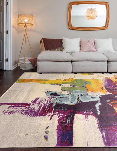 Beige 7' 1 x 10' Estrella Rectangle Area Rug 100% Polypropylene Non-Shedding Stain Resistant Carpet Colorful Modern Abstract Design Easy Clean for Home Decor for Sale at Rug Engine